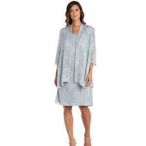 NEW R & M Richards Chiffon Lurex Jacket Shift Dress Slate Blue 2 Piece Set (6P)